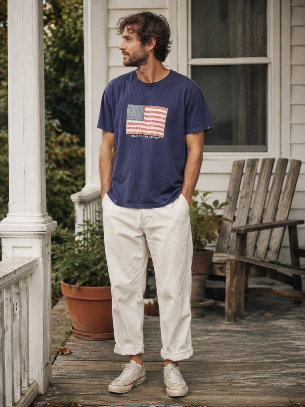Vintage Polo Ralph Lauren Navy T-Shirt with American Flag 100% Cotton